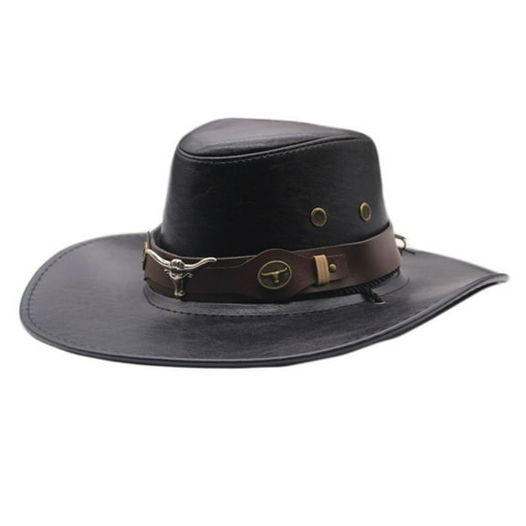 Audhol Hats for Women Vintage Western Cowboy Hat Head Belt Hats for Men Women Outdoor Travel Wide Brim Faux Leather Sun Caps Hat Black M