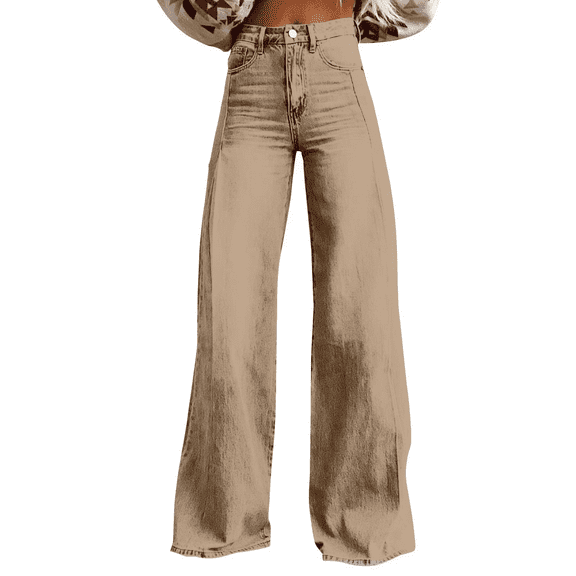 Audhol High Waisted Jeans for Women High Waist Pull on Baggy Jeans for Women Wide Leg Jeans Woman Streetwear Denim Pant Jeans for Women Beige M