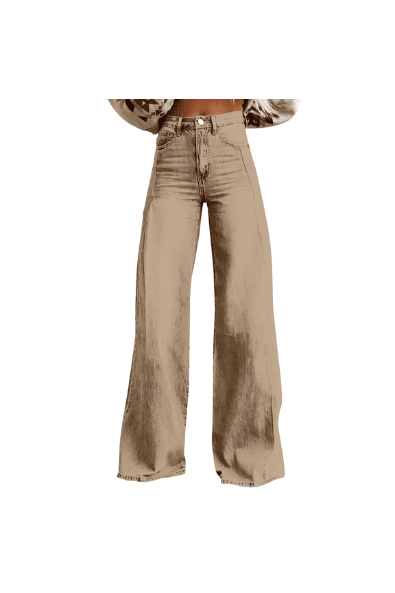 High Waisted Jeans for Women High Waist Pull on Baggy Jeans for Women Wide Leg Jeans Woman Streetwear Denim Pant Jeans for Women Beige M
