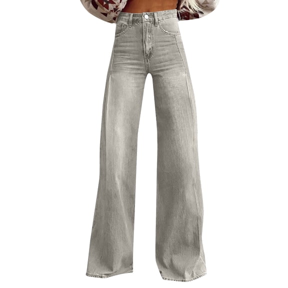 Audhol High Waisted Jeans for Women High Waist Pull on Baggy Jeans for Women Wide Leg Jeans Woman Streetwear Denim Pant Jeans for Women Grey L