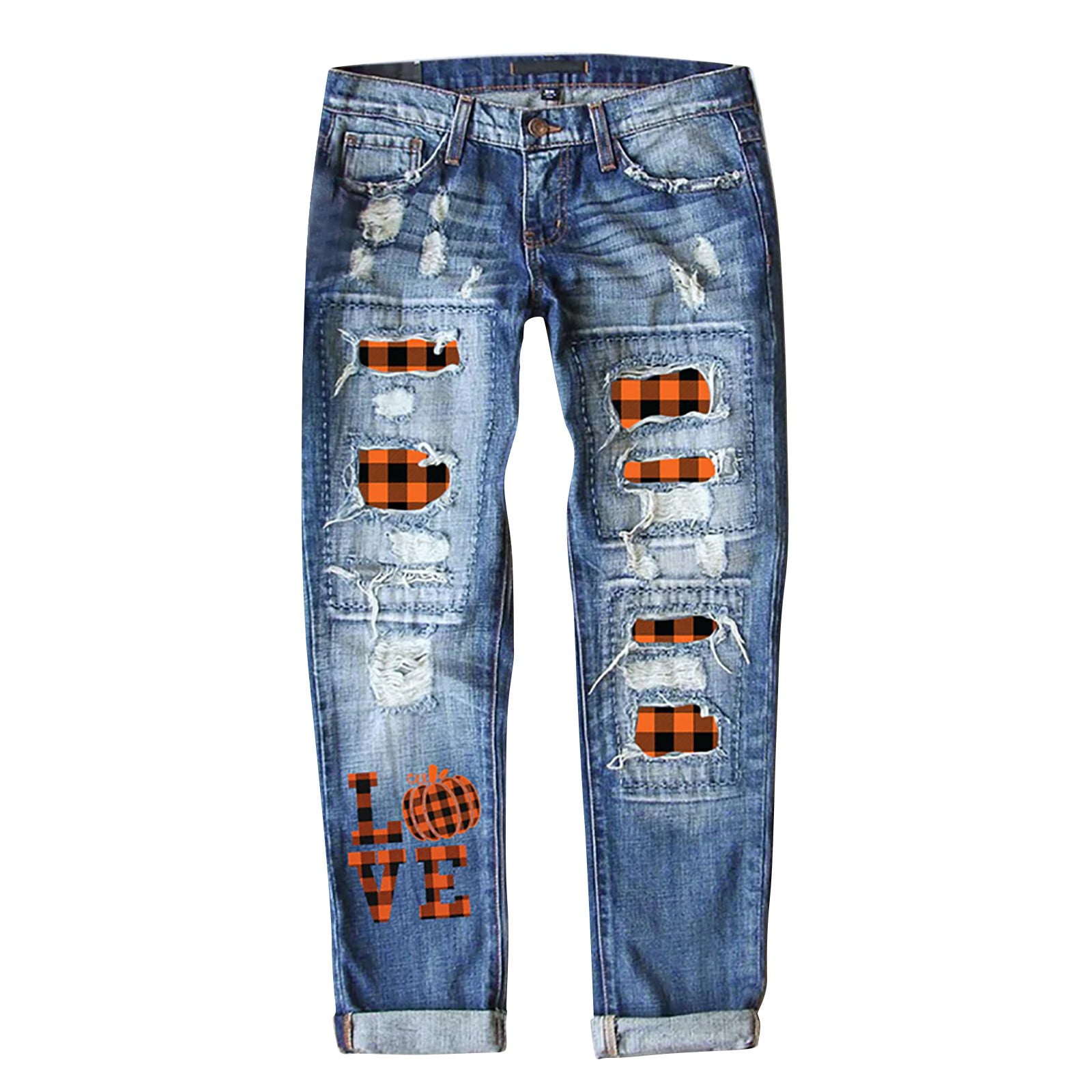 Audhol Jeans for Women Women's E Print Ripped Stretch Cute Jeans Skinny