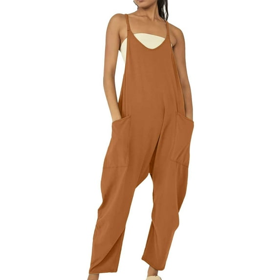 Audhol Jumpsuits for Women Womens Casual Summer Jumpsuit Sleeveless Loose Solid Color Comfortable Strap Loose Jumpsuit Pocket Jumpsuit for Women Overalls for Women Brown L