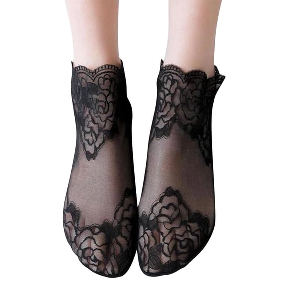 Audhol Lace Socks! Women Solid Rose Pattern Lace Mesh Socks Hollow Ruffle Non Slip Socks Toe Socks Nylon Socks for Women Black One Size