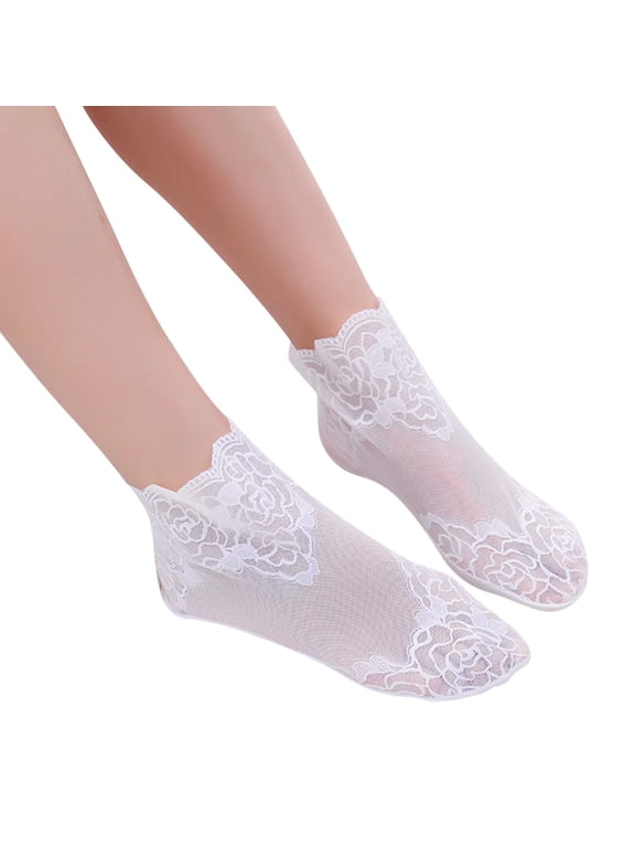 Lace Socks! Women Solid Rose Pattern Lace Mesh Socks Hollow Ruffle Non Slip Socks Toe Socks Nylon Socks for Women White One Size