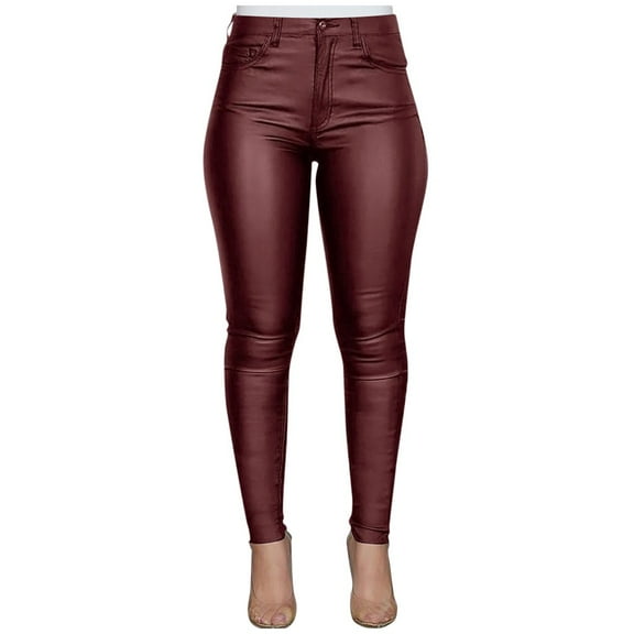Audhol Leather Leggings for Women Women Large Size High Waisted Buttoned Coated Pants Casual Stretch Trousers Leggings for Women Wine L