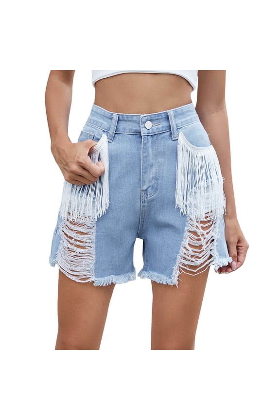 Light Wash Jean Shorts! Women's Casual Ripped Fringed Hairy Denim Shorts with Street Personality and Trendy Hot Pants Mid Rise Jean Shorts Blue XL