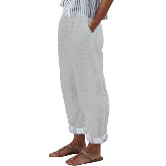 Audhol Linen Pants Women Women' Simple and Fashionable Geometric Texture Cotton Linen Casual Pants Spring Pants for Women 2025 Dark Blue XL