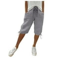 thumbnail image 1 of Audhol Linen Pants Women Women's Knee Length Short Pants Ladies Loose Drawstring Casual Solid Color Shorts Linen Trousers for Women Grey S, 1 of 7