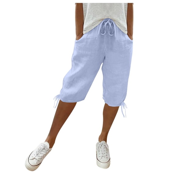 Audhol Linen Pants Women Women's Knee Length Short Pants Ladies Loose Drawstring Casual Solid Color Shorts Linen Trousers for Women Light Blue S