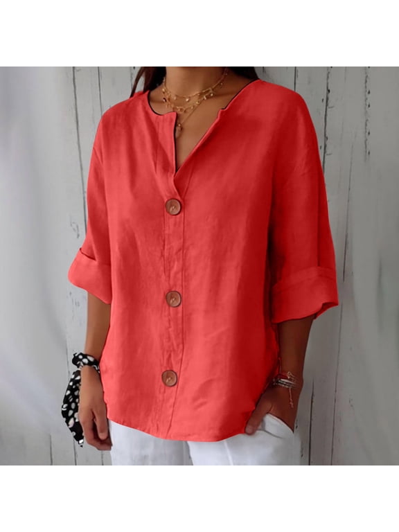 Linen Shirt for Women Summer V Neck Three Quarter Sleeve Three Button Side Split Top Women's Casual Blouse, Red, S