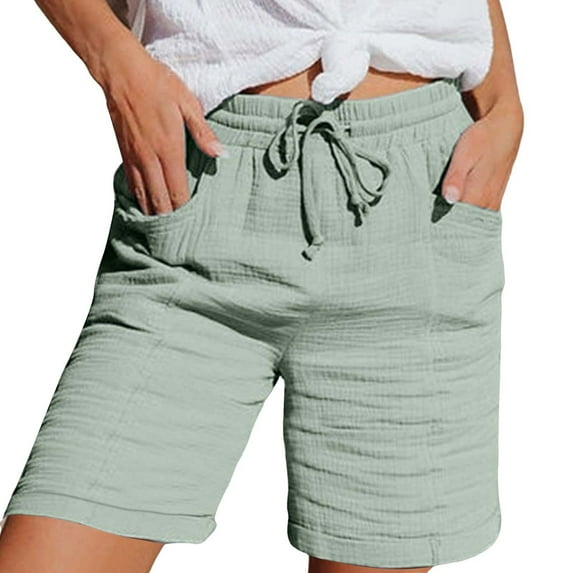Audhol Linen Shorts for Women, Women's Fashionable and Casual Solid Color Elastic Waist Cotton Linen Sports Five Point Pants Summer Shorts Mint Green 4XL
