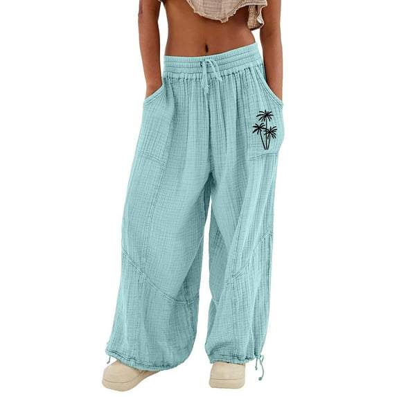 Audhol Linen Trousers for Women Women's Cargo Pants Baggy Wide Leg Pants Black Loose High Waist Sweatpants Multi Pockets Linen Pants Women Light Blue L
