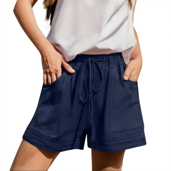 Audhol Loose Shorts Women, Womens Casual Summer Beach Shorts Fashion Drawstring Elastic Waist Solid Color Comfy Soft Shorts with Pockets Summer Shorts Navy XL
