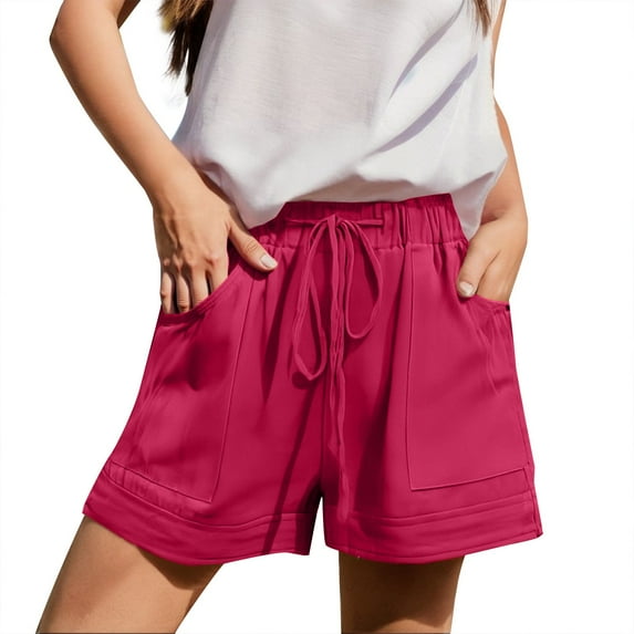 Audhol Loose Shorts Women, Womens Casual Summer Beach Shorts Fashion Drawstring Elastic Waist Solid Color Comfy Soft Shorts with Pockets Summer Shorts Red 2XL