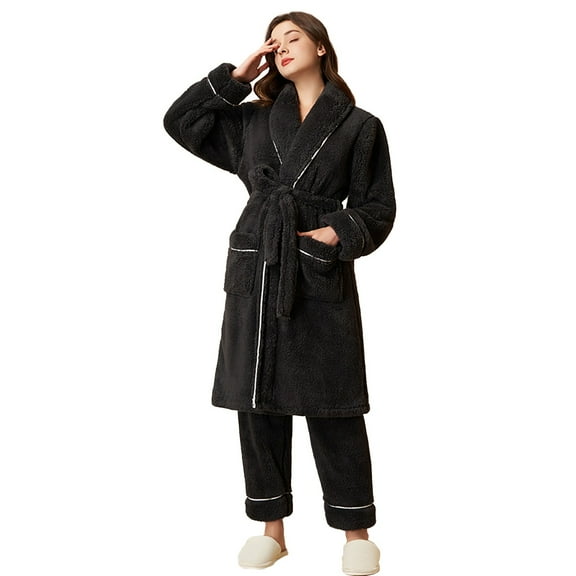 Audhol Nightgowns for Women Women's Fleece Shawl Collar Bathrobe Plush Long Spa Robe with Long Pants Sets Winter Thick Warm Sleepwear Loungewear Fuzzy Night Shirt Black M