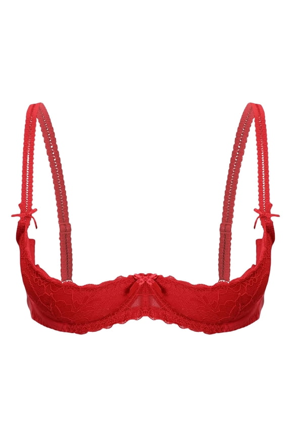 Open Cup Bra, 1/4 Cup Bras for Women Underwire Lace Bra See Through Balconette Padded Bra Shelf Bra Tops Half Cup Bra Red 70C