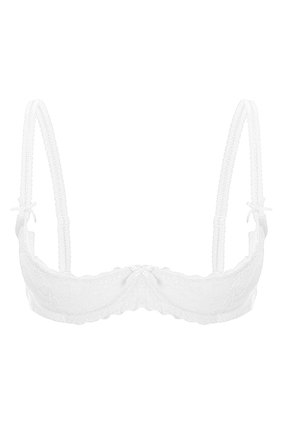 Open Cup Bra, 1/4 Cup Bras for Women Underwire Lace Bra See Through Balconette Padded Bra Shelf Bra Tops Half Cup Bra White 90D
