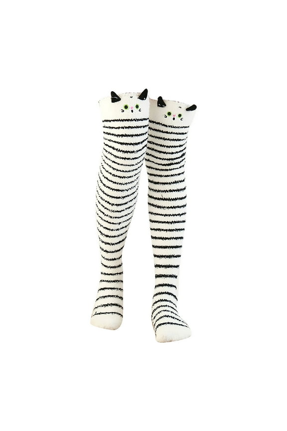 Over Knee Thigh Socks Women'S Coral Fleece Thickened Cartoon Striped Warm Towel Floor Socks 2Pc Stockings Warm Stocking White One Size
