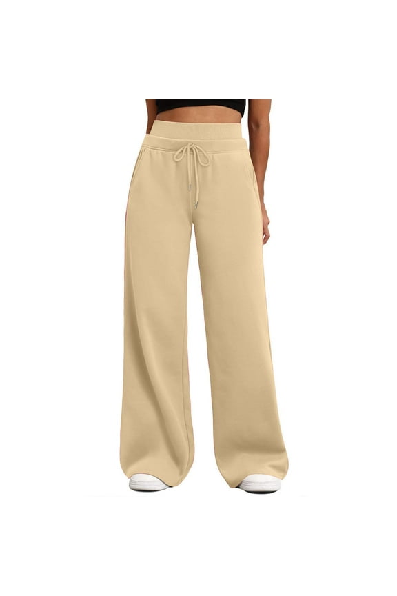 Oversized Sweatpants, Women's Wide Leg Sweatpants Double Waisted Baggy Pants with Pockets Sweatpants Wide Leg Beige L
