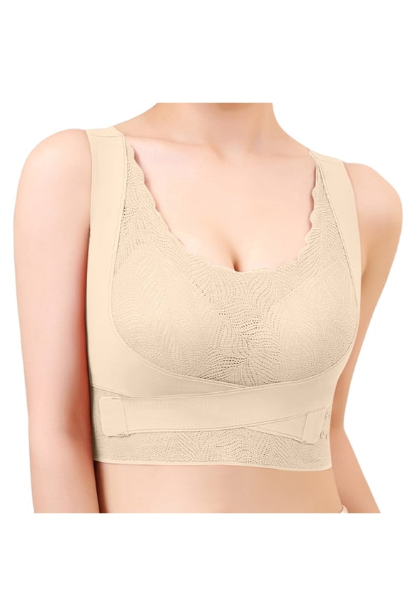 Padded Bras for Women Ladies Back Lace Underwear Lady Side Buckle without Gathered for The Movement Proof Bra Wide Band Bras for Women Beige 2XL