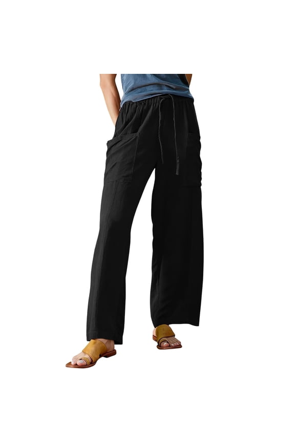 Palazzo Pants for Women Casual Womens Linen Harem Wide Leg Pants Summer Casual Loose Fit Drawstring Palazzo Harem Pants with Pockets Beach Pants for Women Black 3XL
