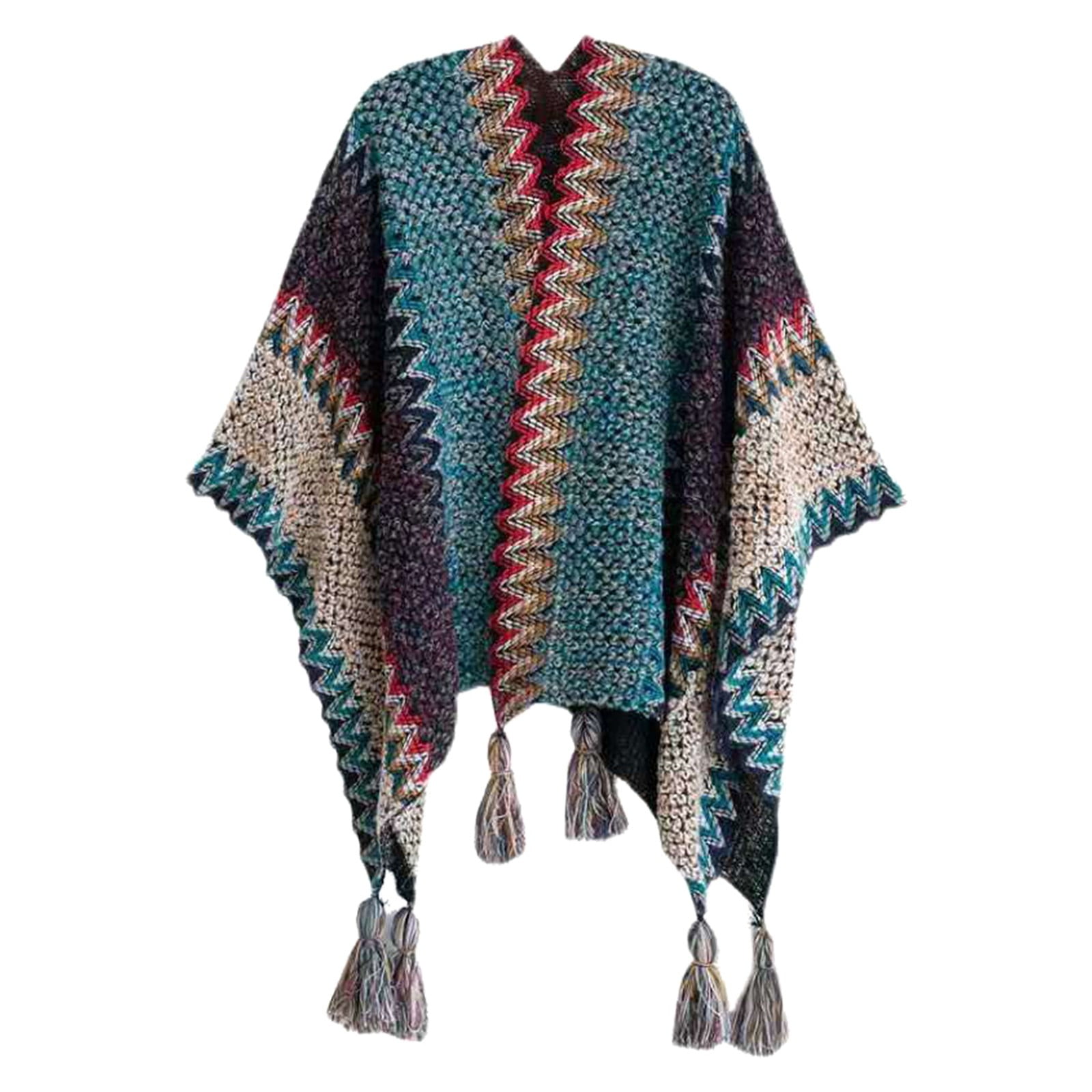 Women's Bohemian Tassel Knit Poncho - Reversible Long Pashmina Cape Shawl For Winter & Fall - View #8