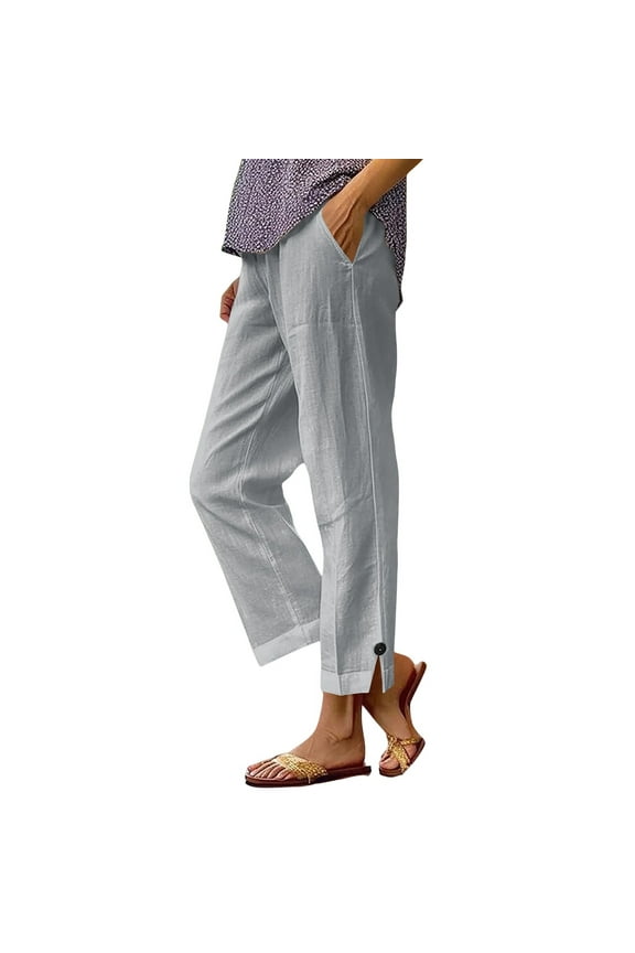 Petite Pants for Women, Linen Cropped Pants for Seniors Clothing Summer Fashion 2025 High Waisted Straight Leg Women's Trouses Crop Cotton Linen Pants Women Light Ashy L