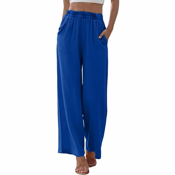 Audhol Pull Up Pants for Women Elastic Waist Women's Daily Elastic Waist Straight Solid Color Palazzo Pants Casual Wide Leg Long Lounge Pant Trousers Wide Leg Pants Woman Blue XL