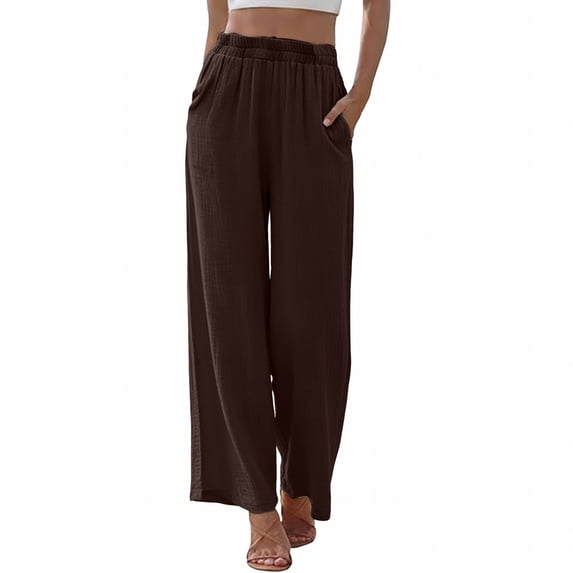 Audhol Pull Up Pants for Women Elastic Waist Women's Daily Elastic Waist Straight Solid Color Palazzo Pants Casual Wide Leg Long Lounge Pant Trousers Wide Leg Pants Woman Coffee L
