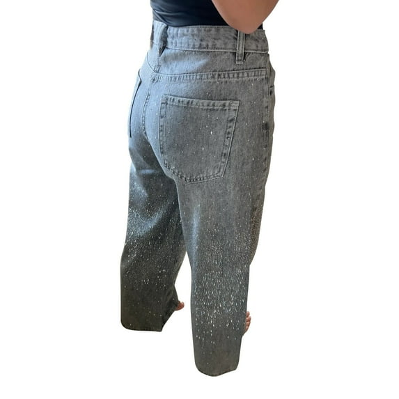 Audhol Rhinestone Jeans for Women, Women's Jeans High Waist Straight Wide Leg Stretchy Denim Pants Low Rise Baggy Jeans Light Ashy S