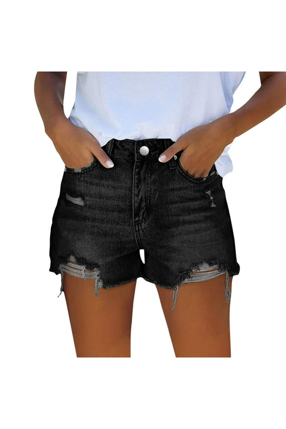Ripped Jean Shorts! Women Denim Shorts High Waist Cut off Ripped Jean Shorts with Pockets Stretchy Distressed Jorts Jean Shorts Womens High Waisted Black S