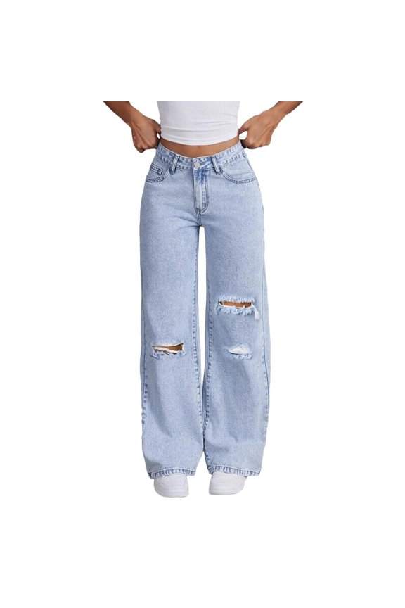 Ripped Jeans Womens, Women’S Washed Ripped Wide Leg Mom Jeans High Waist Loose Fit Straight Streetwear Zipper Fly Denim Trousers High Waisted Jeans for Women Light Blue S