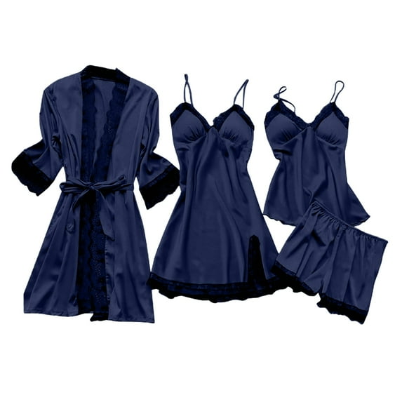Audhol Robe Sets for Women, Lace Women Dress Sleepwear Nightgown Robe Nightdress Set Pajamas Sleep Sets for Women Navy 3XL