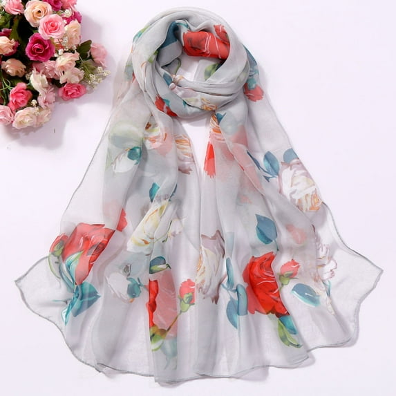 Audhol Scarf for Women! Fashion Women Roses Printing Long Soft Wrap Scarf Simulation Silk Shawl Scarves Silk Scarf for Women Grey One Size