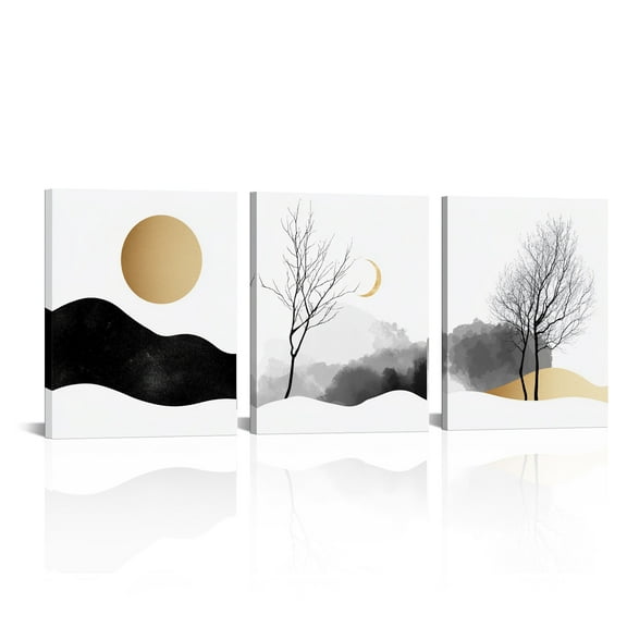 Visual Art Decor Abstract Sun Moon Mountain Wall Art - 8x10 Inch 3-Panel Nature Themed Canvas Prints, Modern Boho Decor for Bedroom/Living Room