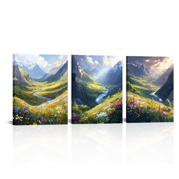 Visual Art Decor Mountain Stream Landscape - 8x10 Inch 3-Panel Nature Canvas Art, Serene Wildflower Meadow Wall Decor for Living Room/Bedroom (Set of 3)