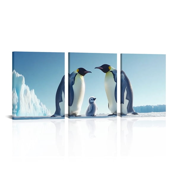 Visual Art Decor Penguin Family Canvas Art - 8x10 Inch 3-Panel Snowy Mountain Scene Wall Decor for Nursery/Kids Room (Set of 3)