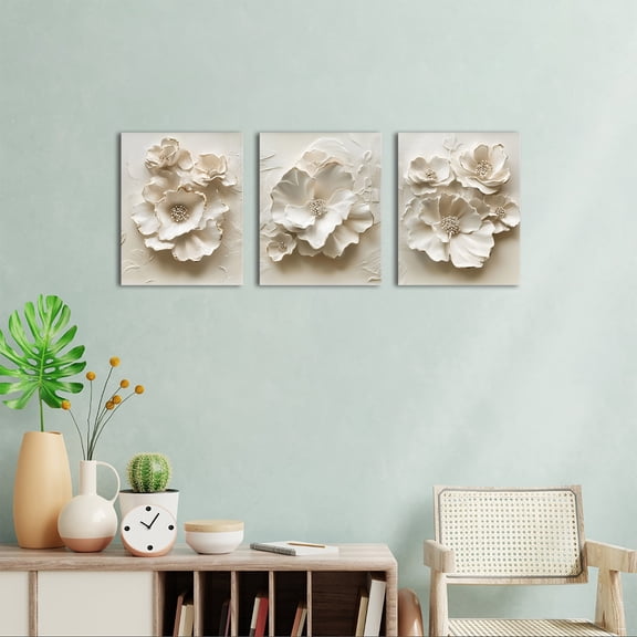 Visual Art Decor 8x10 Inch White Stone Flower Triptych - Stunning 3D Relief Wall Art for Luxe Home Decor