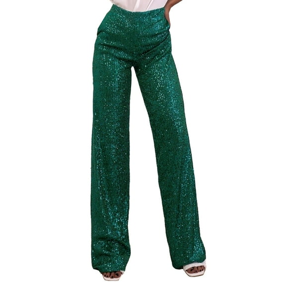 Audhol Sequin Pants for Women Womens Wide Leg Sequin Pants Elastic High Waisted Glitter Dance Pants Elegant Pants for Women Green L