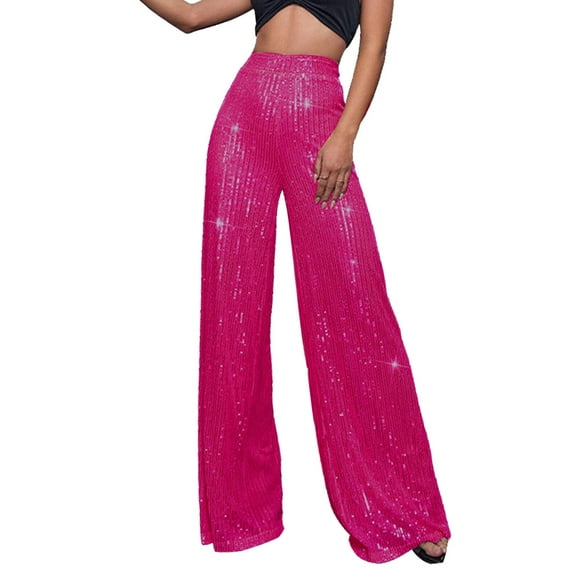 Audhol Sequin Wide Leg Pants Women Women's High Waisted Sequin Loose Drape Wide Leg Pants Fashion Casual Pants Sparkly Pants for Women Hot Pink XL