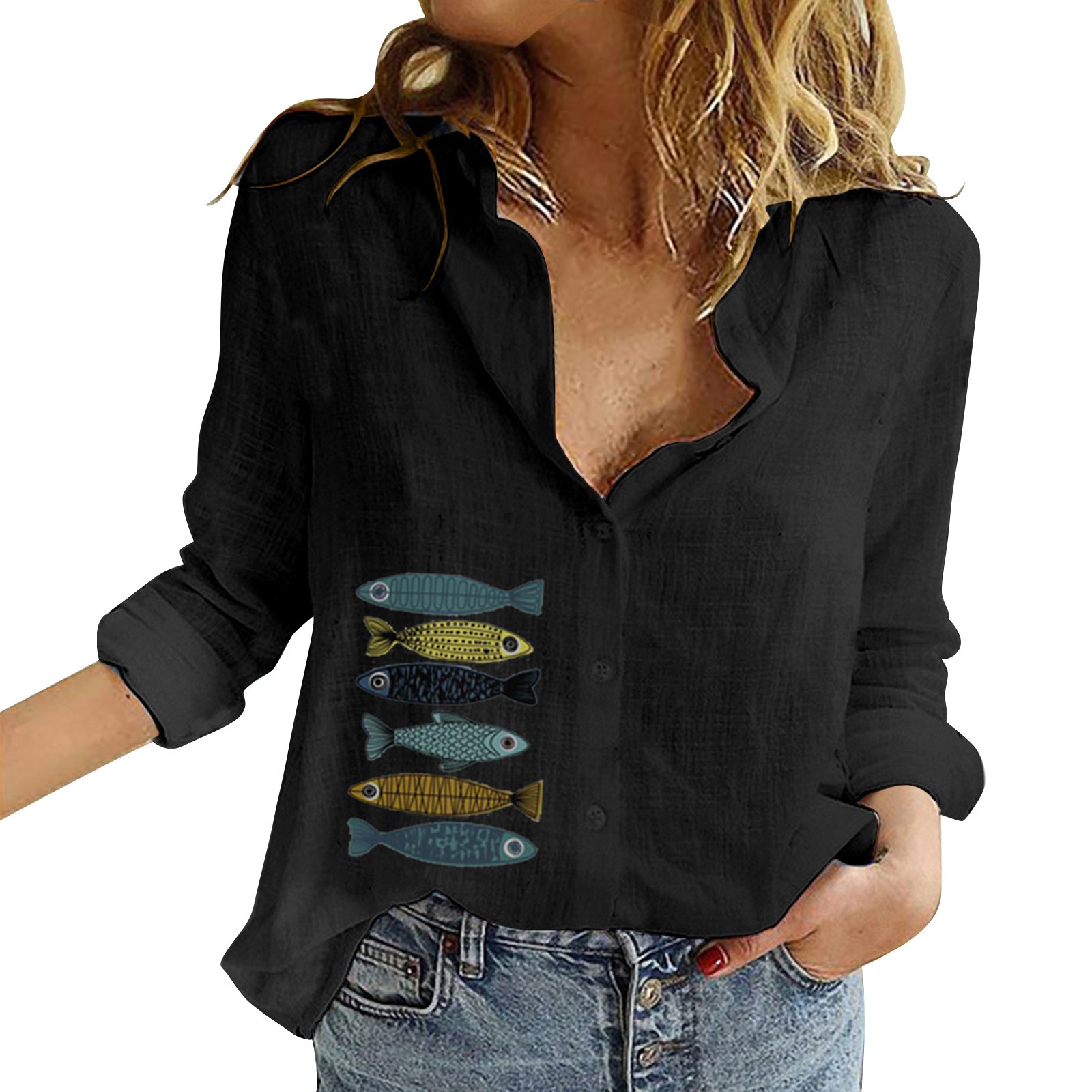 Audhol Shirts for Women Fashion Women's Loose Button Solid Lapel Long