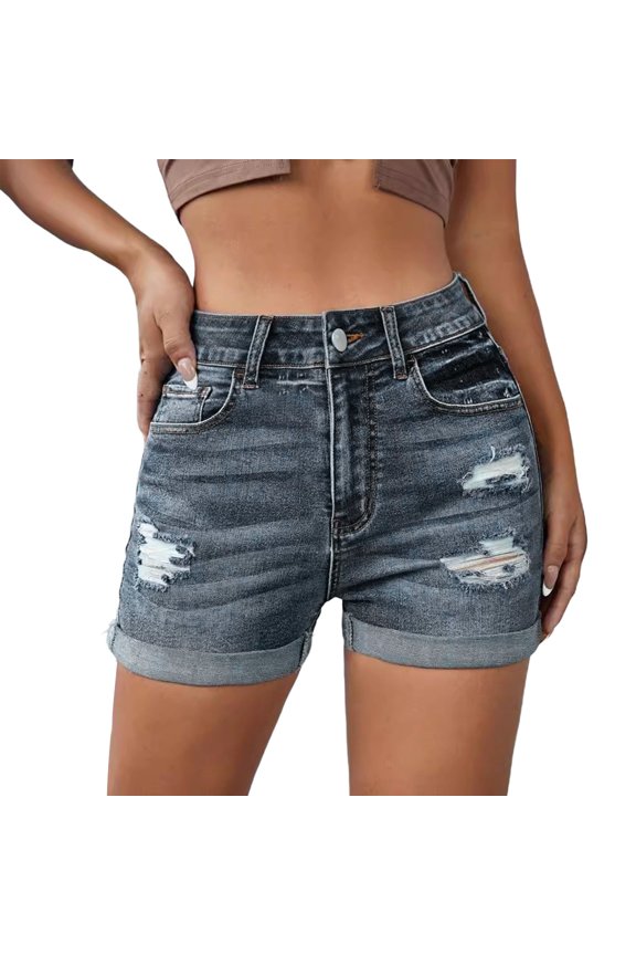 Shorts Women, Women's Ripped Pocket Jeans with Rolled Edge Casual Shorts Ripped Jean Shorts Navy M