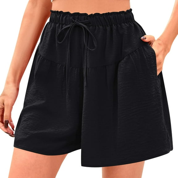 Audhol Shorts for Women Womens Shorts 2025 Summer Drawstring Ruffle Elastic High Waist Solid Color Casual Beach Shorts with Pockets Womens Shorts Casual Black L