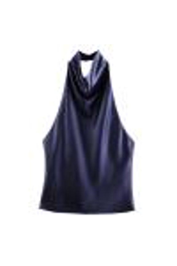 Silk Tops for Women Dressy, Ladies' Fashionable Casual Texture Hanging Neck Vest Top Satin Halter Tops for Women Navy M