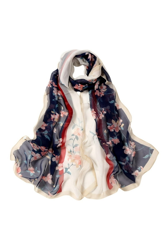 Spring Scarf for Women! 160*50Cm Women Flower Print Long Soft Wrap Scarf Simulation Silk Shawl Scarves Women's Fashion Scarves Navy One Size