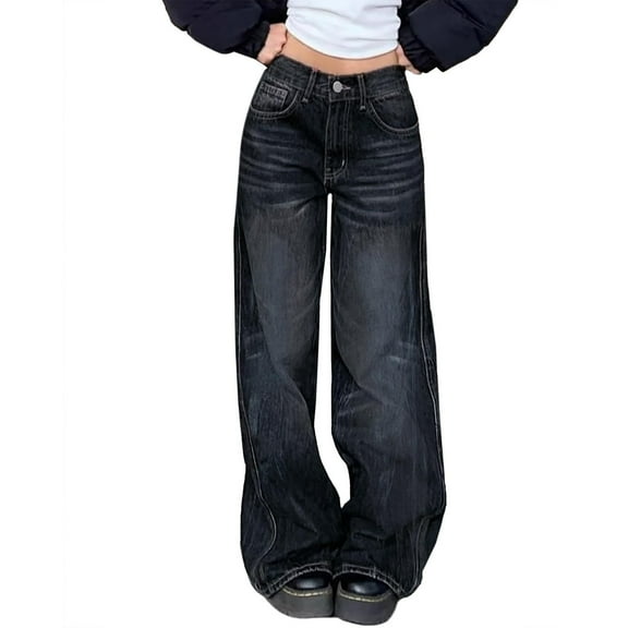 Audhol Straight Leg Jeans for Women, Baggy Jeans for Women Mid Wide Leg Jeans Plus Size Denim Pants Style High Waisted Jeans Black 3XL
