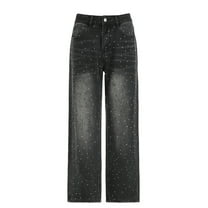 Audhol Straight Leg Jeans for Women, Women's Wide Leg Jeans Baggy Straight Leg Denim Pants Casual Jeans Sparkly Jeans Dark Gray L