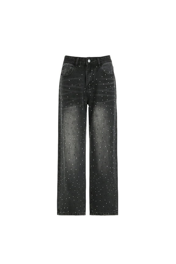 Straight Leg Jeans for Women, Women's Wide Leg Jeans Baggy Straight Leg Denim Pants Casual Jeans Sparkly Jeans Dark Gray L