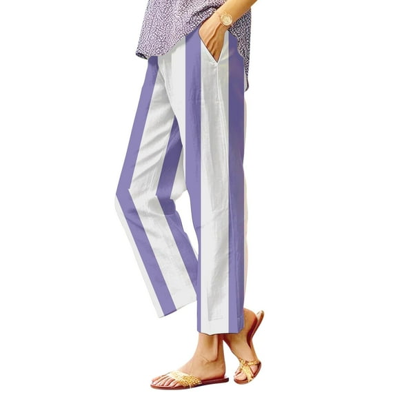 Audhol Striped Pants Women, Women's Striped Print Fashion Casual Patchwork Pocket Cotton Line Pants Loose Trousers Cropped Pants Casual Pants Loose Pants Purple M
