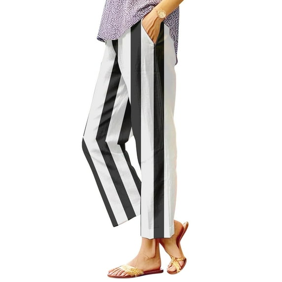Audhol Striped Pants Women, Women's Striped Print Fashion Casual Patchwork Pocket Cotton Line Pants Loose Trousers Cropped Pants Casual Pants Loose Pants Black L